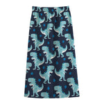 Cute Blue T-Rex Dinosaur Pattern Print Cotton Front Slit Maxi Skirt