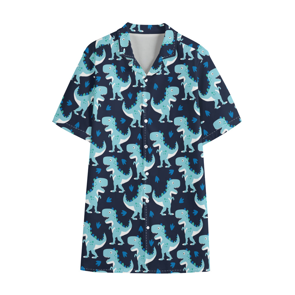 Cute Blue T-Rex Dinosaur Pattern Print Cotton Hawaiian Shirt