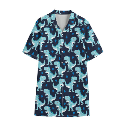 Cute Blue T-Rex Dinosaur Pattern Print Cotton Hawaiian Shirt