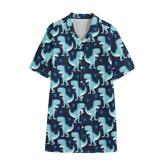 Cute Blue T-Rex Dinosaur Pattern Print Cotton Hawaiian Shirt