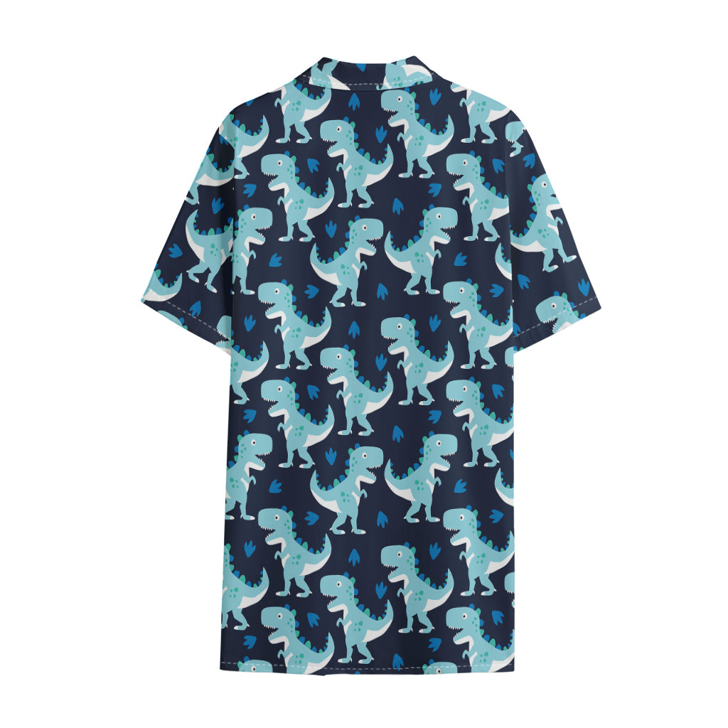 Cute Blue T-Rex Dinosaur Pattern Print Cotton Hawaiian Shirt