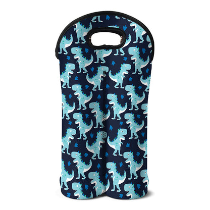 Cute Blue T-Rex Dinosaur Pattern Print Double Neoprene Wine Tote