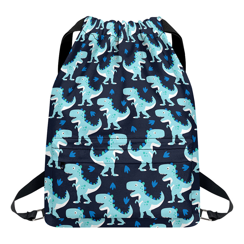 Cute Blue T-Rex Dinosaur Pattern Print Drawstring Backpack
