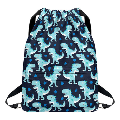 Cute Blue T-Rex Dinosaur Pattern Print Drawstring Backpack