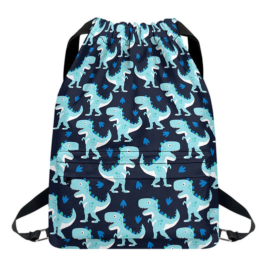 Cute Blue T-Rex Dinosaur Pattern Print Drawstring Backpack