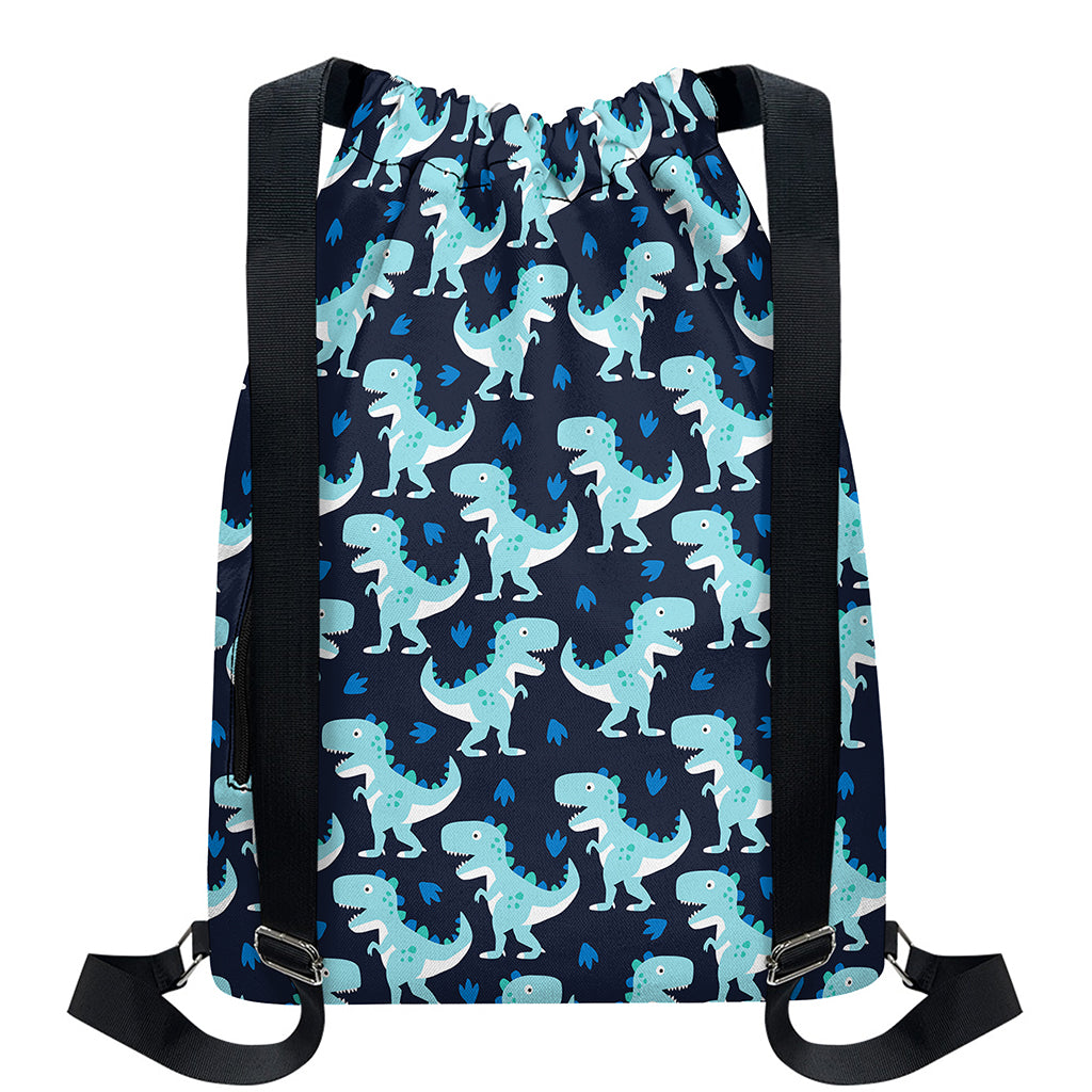 Cute Blue T-Rex Dinosaur Pattern Print Drawstring Backpack