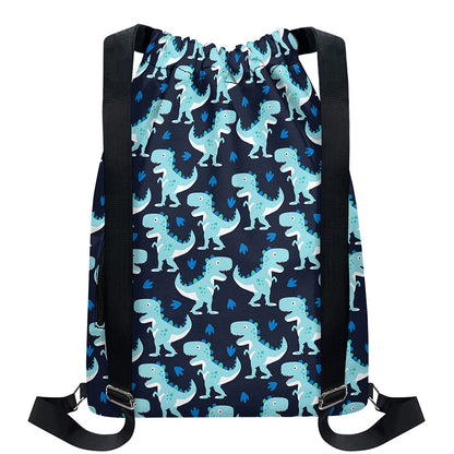 Cute Blue T-Rex Dinosaur Pattern Print Drawstring Backpack