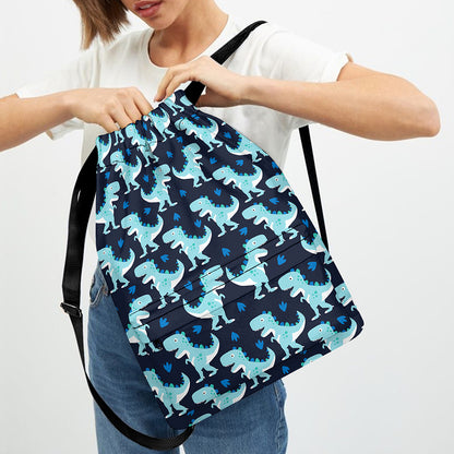 Cute Blue T-Rex Dinosaur Pattern Print Drawstring Backpack