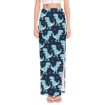 Cute Blue T-Rex Dinosaur Pattern Print High Slit Maxi Skirt