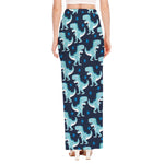 Cute Blue T-Rex Dinosaur Pattern Print High Slit Maxi Skirt