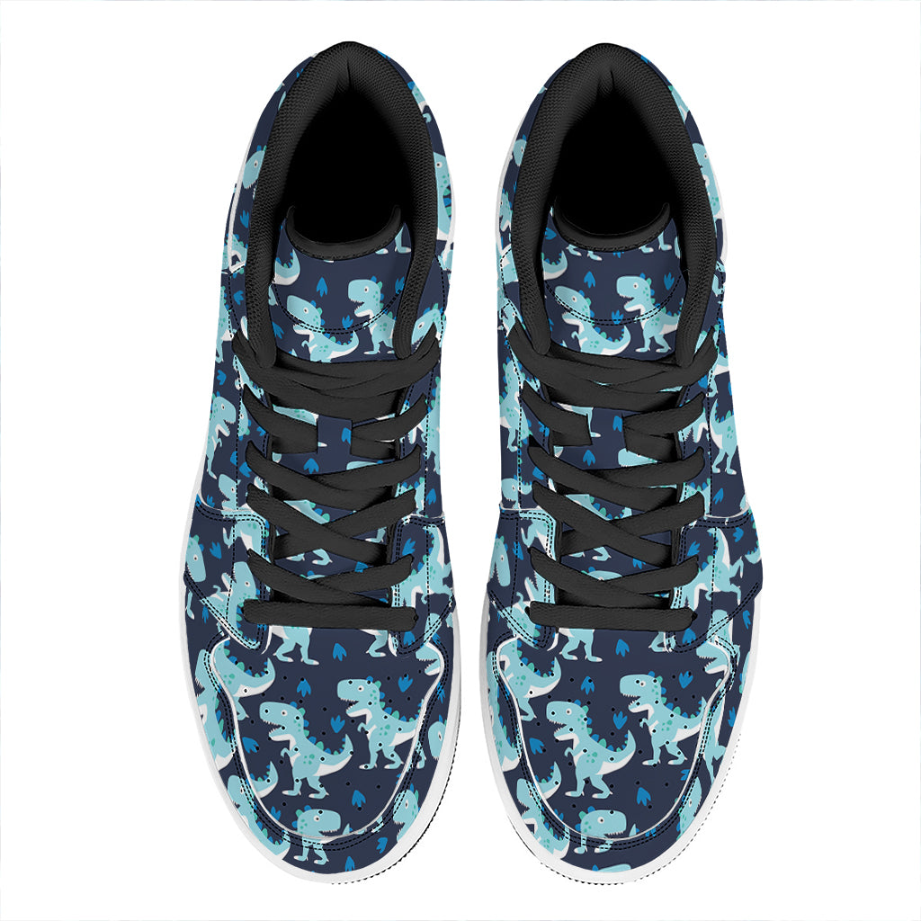 Cute Blue T-Rex Dinosaur Pattern Print High Top Leather Sneakers