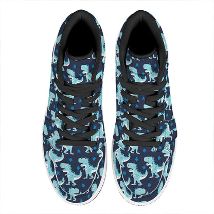 Cute Blue T-Rex Dinosaur Pattern Print High Top Leather Sneakers