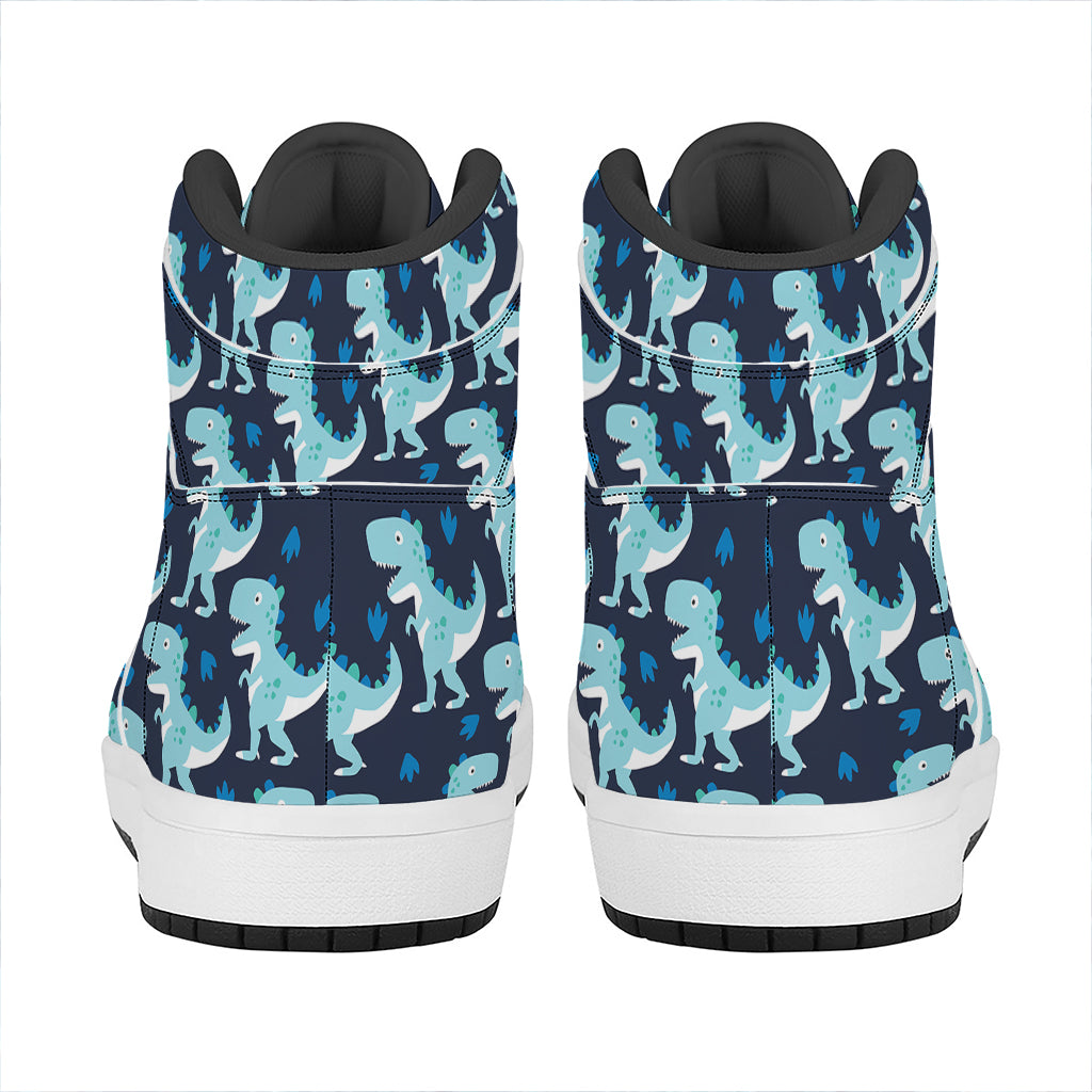 Cute Blue T-Rex Dinosaur Pattern Print High Top Leather Sneakers