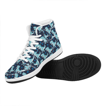 Cute Blue T-Rex Dinosaur Pattern Print High Top Leather Sneakers