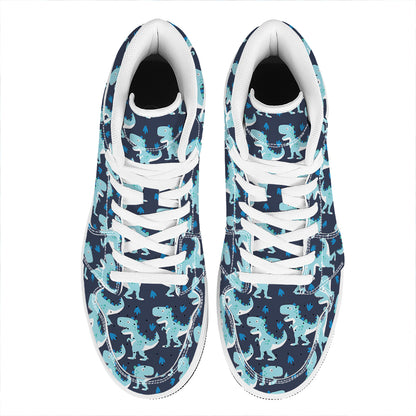Cute Blue T-Rex Dinosaur Pattern Print High Top Leather Sneakers
