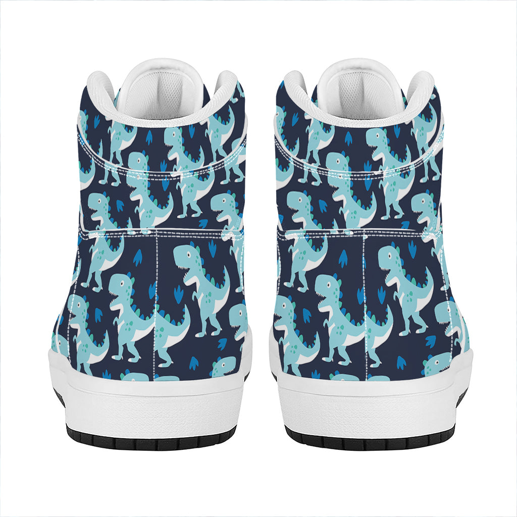 Cute Blue T-Rex Dinosaur Pattern Print High Top Leather Sneakers