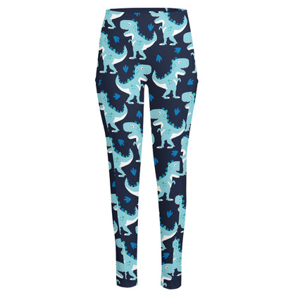 Cute Blue T-Rex Dinosaur Pattern Print High-Waisted Pocket Leggings