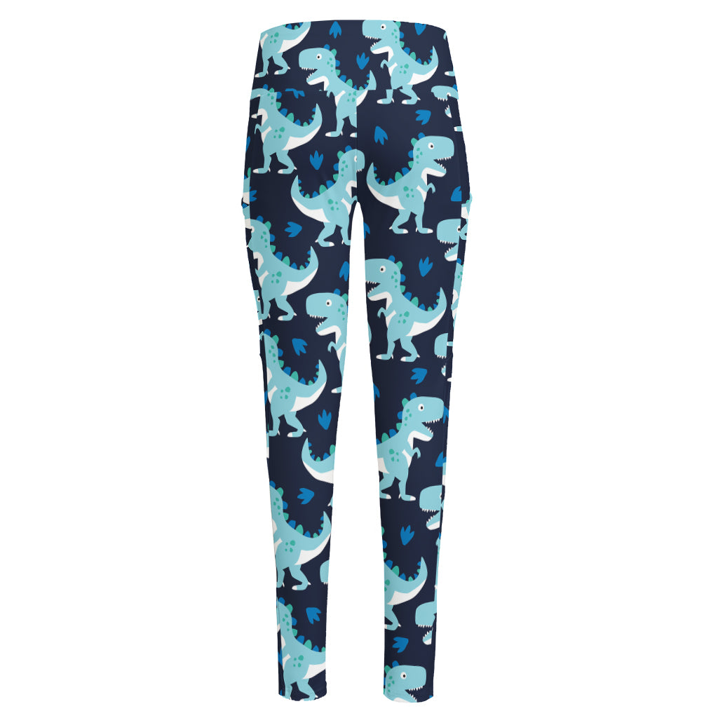 Cute Blue T-Rex Dinosaur Pattern Print High-Waisted Pocket Leggings