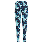 Cute Blue T-Rex Dinosaur Pattern Print High-Waisted Pocket Leggings