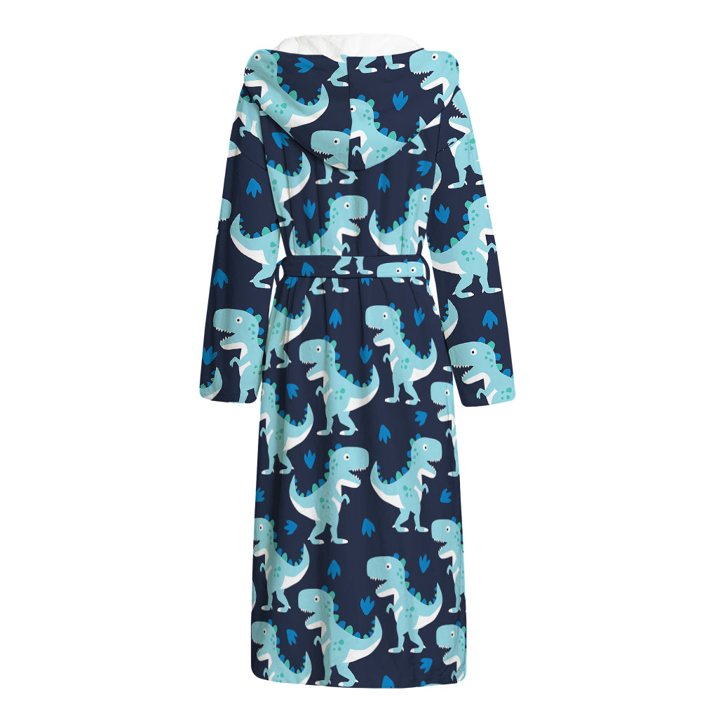 Cute Blue T-Rex Dinosaur Pattern Print Hooded Bathrobe