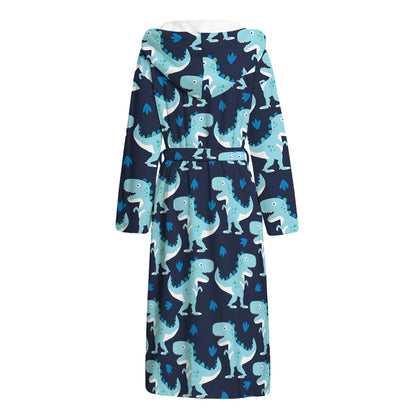 Cute Blue T-Rex Dinosaur Pattern Print Hooded Bathrobe