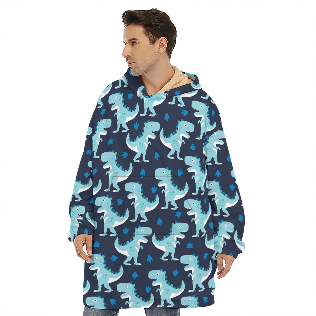 Cute Blue T-Rex Dinosaur Pattern Print Hoodie Blanket