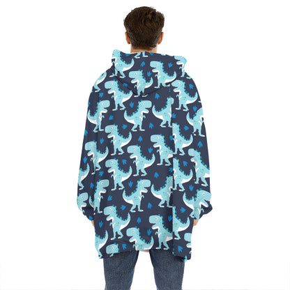 Cute Blue T-Rex Dinosaur Pattern Print Hoodie Blanket