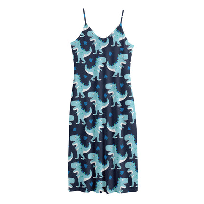 Cute Blue T-Rex Dinosaur Pattern Print Jersey Midi Cami Dress