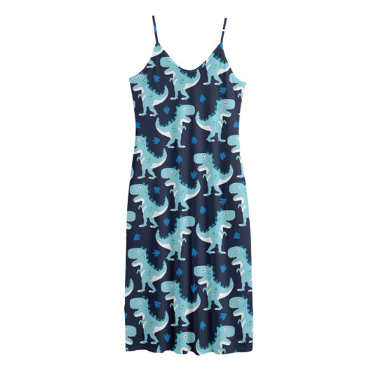 Cute Blue T-Rex Dinosaur Pattern Print Jersey Midi Cami Dress