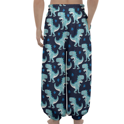 Cute Blue T-Rex Dinosaur Pattern Print Lantern Pants