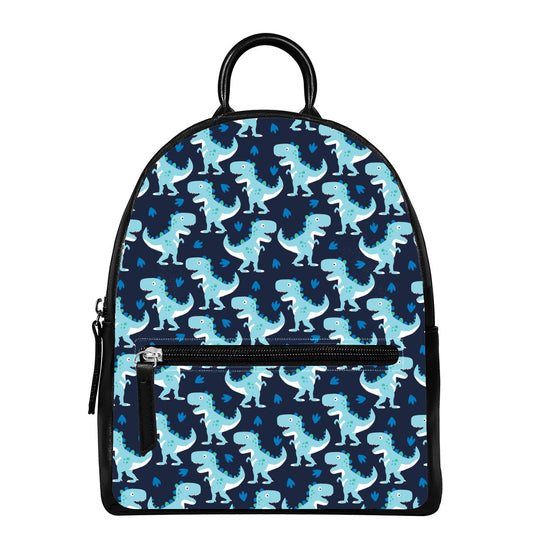Cute Blue T-Rex Dinosaur Pattern Print Leather Backpack