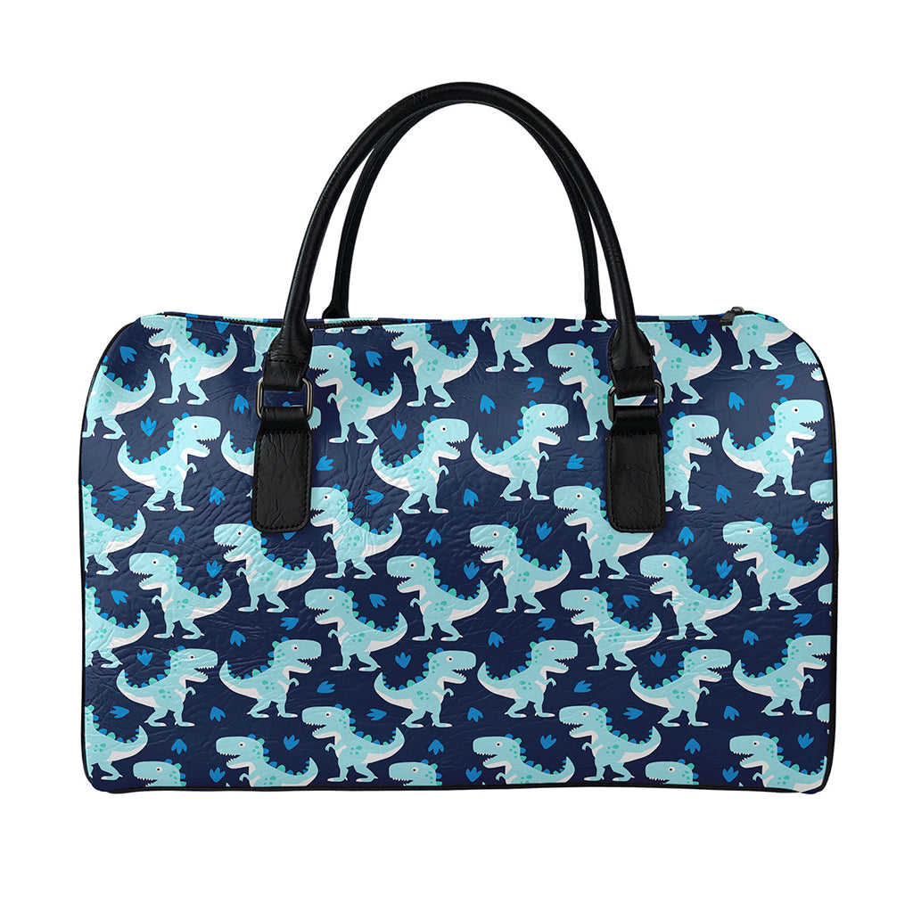 Cute Blue T-Rex Dinosaur Pattern Print Leather Duffle Bag