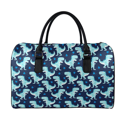 Cute Blue T-Rex Dinosaur Pattern Print Leather Duffle Bag