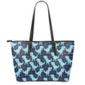 Cute Blue T-Rex Dinosaur Pattern Print Leather Tote Bag With Zipper