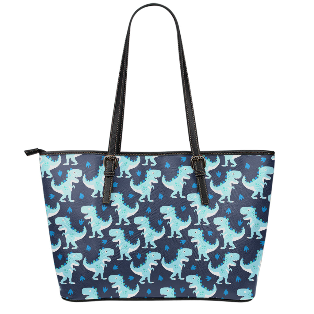 Cute Blue T-Rex Dinosaur Pattern Print Leather Tote Bag
