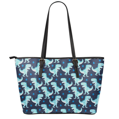 Cute Blue T-Rex Dinosaur Pattern Print Leather Tote Bag