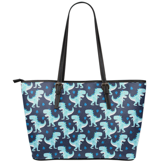 Cute Blue T-Rex Dinosaur Pattern Print Leather Tote Bag