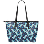 Cute Blue T-Rex Dinosaur Pattern Print Leather Tote Bag