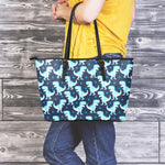Cute Blue T-Rex Dinosaur Pattern Print Leather Tote Bag