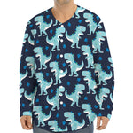 Cute Blue T-Rex Dinosaur Pattern Print Long Sleeve Baseball Jersey