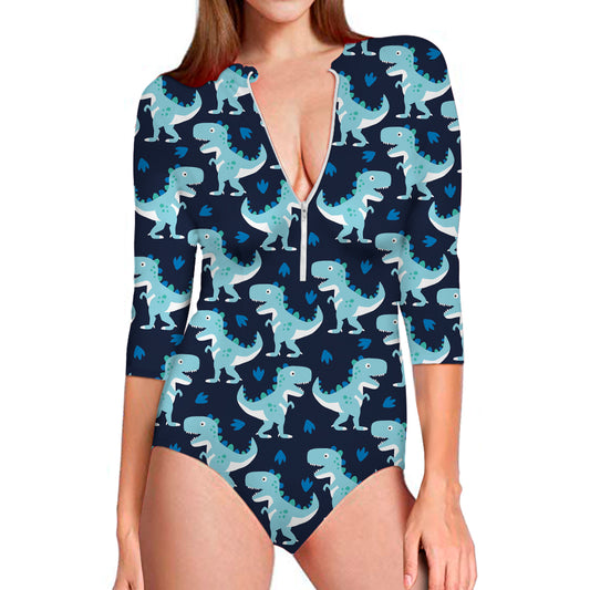 Cute Blue T-Rex Dinosaur Pattern Print Long Sleeve Swimsuit