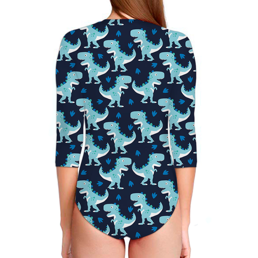 Cute Blue T-Rex Dinosaur Pattern Print Long Sleeve Swimsuit