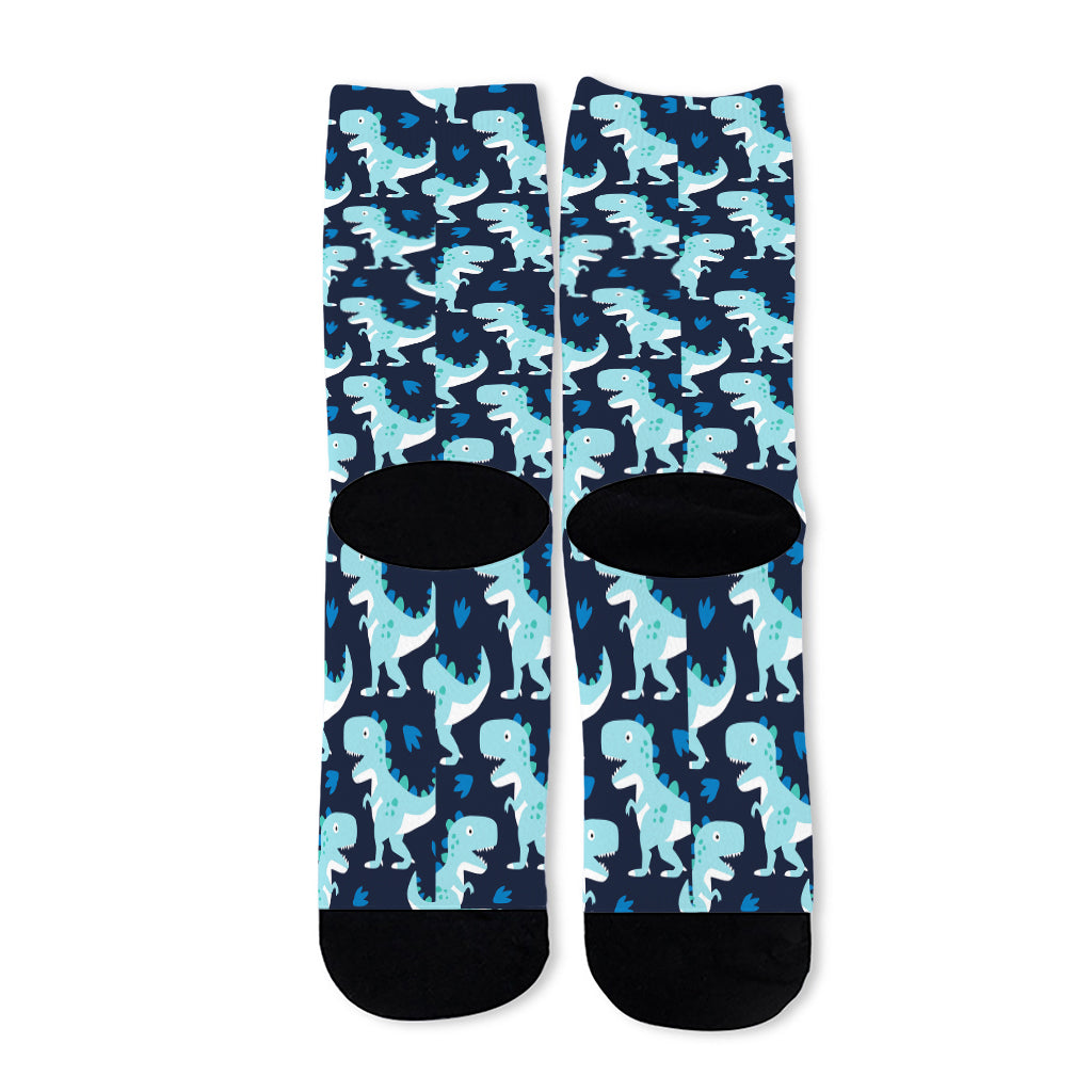 Cute Blue T-Rex Dinosaur Pattern Print Long Socks