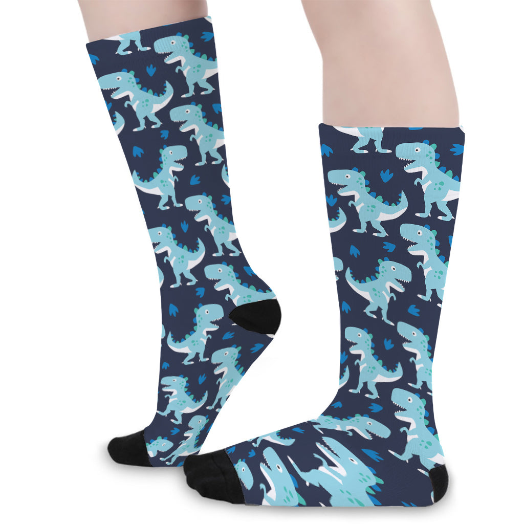 Cute Blue T-Rex Dinosaur Pattern Print Long Socks