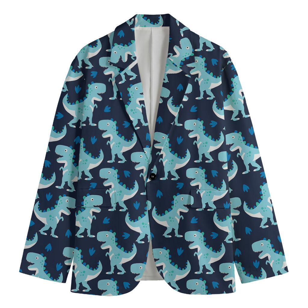 Cute Blue T-Rex Dinosaur Pattern Print Men's Cotton Blazer