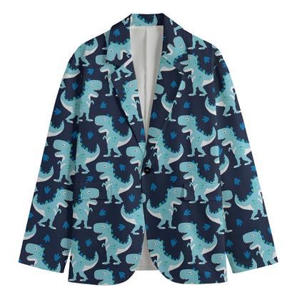Cute Blue T-Rex Dinosaur Pattern Print Men's Cotton Blazer