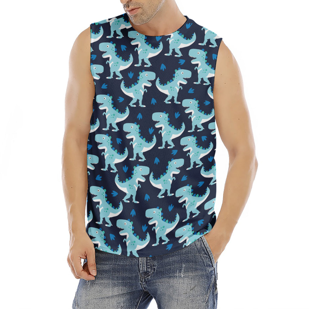 Cute Blue T-Rex Dinosaur Pattern Print Men's Fitness Tank Top