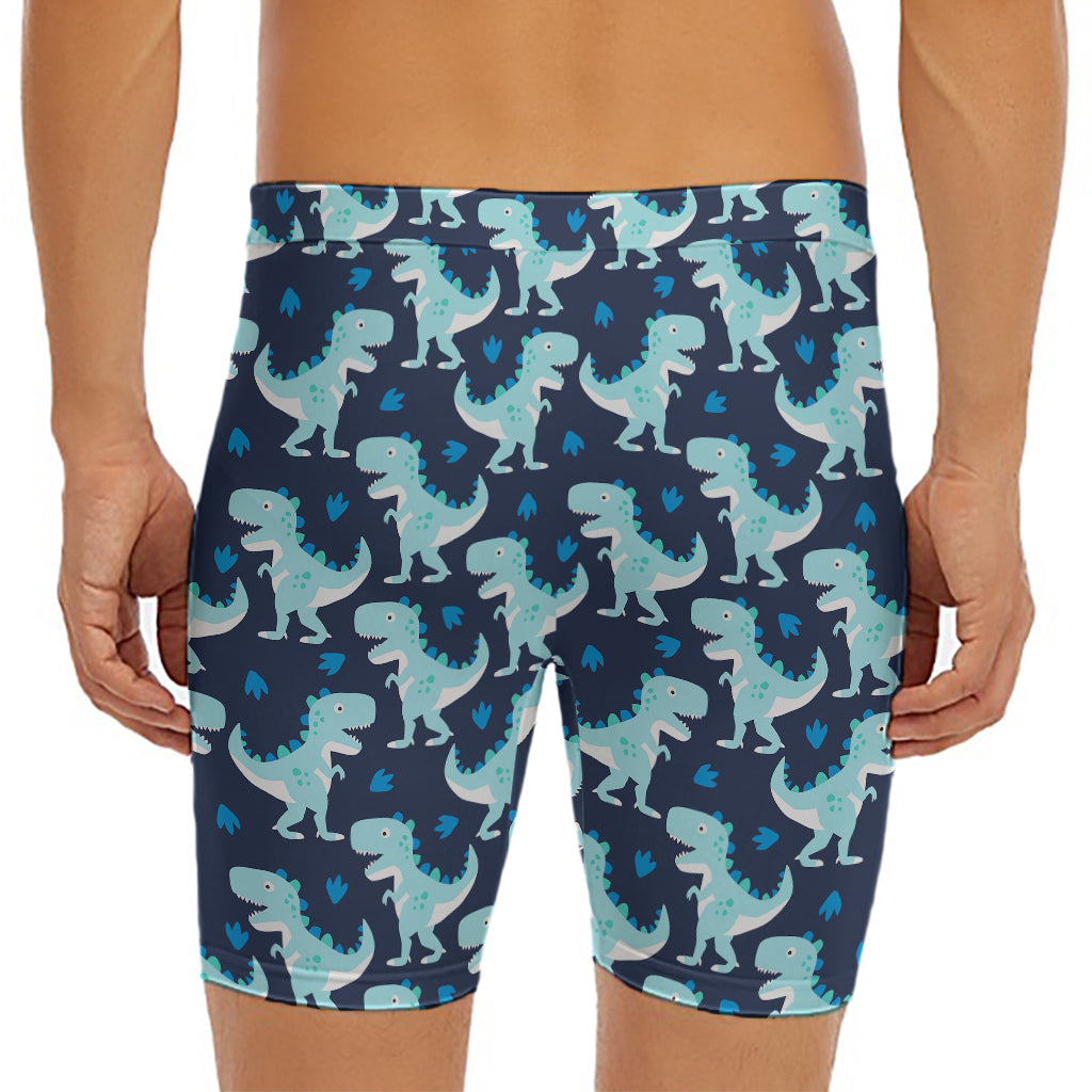 Cute Blue T-Rex Dinosaur Pattern Print Men's Long Boxer Briefs