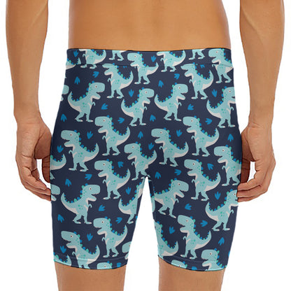 Cute Blue T-Rex Dinosaur Pattern Print Men's Long Boxer Briefs
