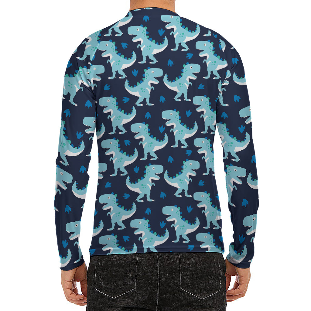 Cute Blue T-Rex Dinosaur Pattern Print Men's Long Sleeve Rash Guard